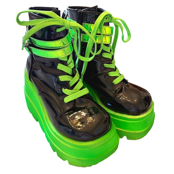 Demonia Shaker-52 UV Neon Green Platform Wedge Boots 9.75" Insole Alt Goth Rave - Picture 5 of 16